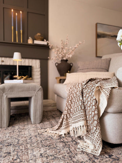 Brown Floral Block Print Cotton Throw Blanket