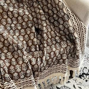 Brown Floral Block Print Cotton Throw Blanket