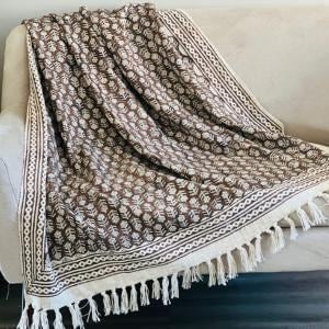 Brown Floral Block Print Cotton Throw Blanket