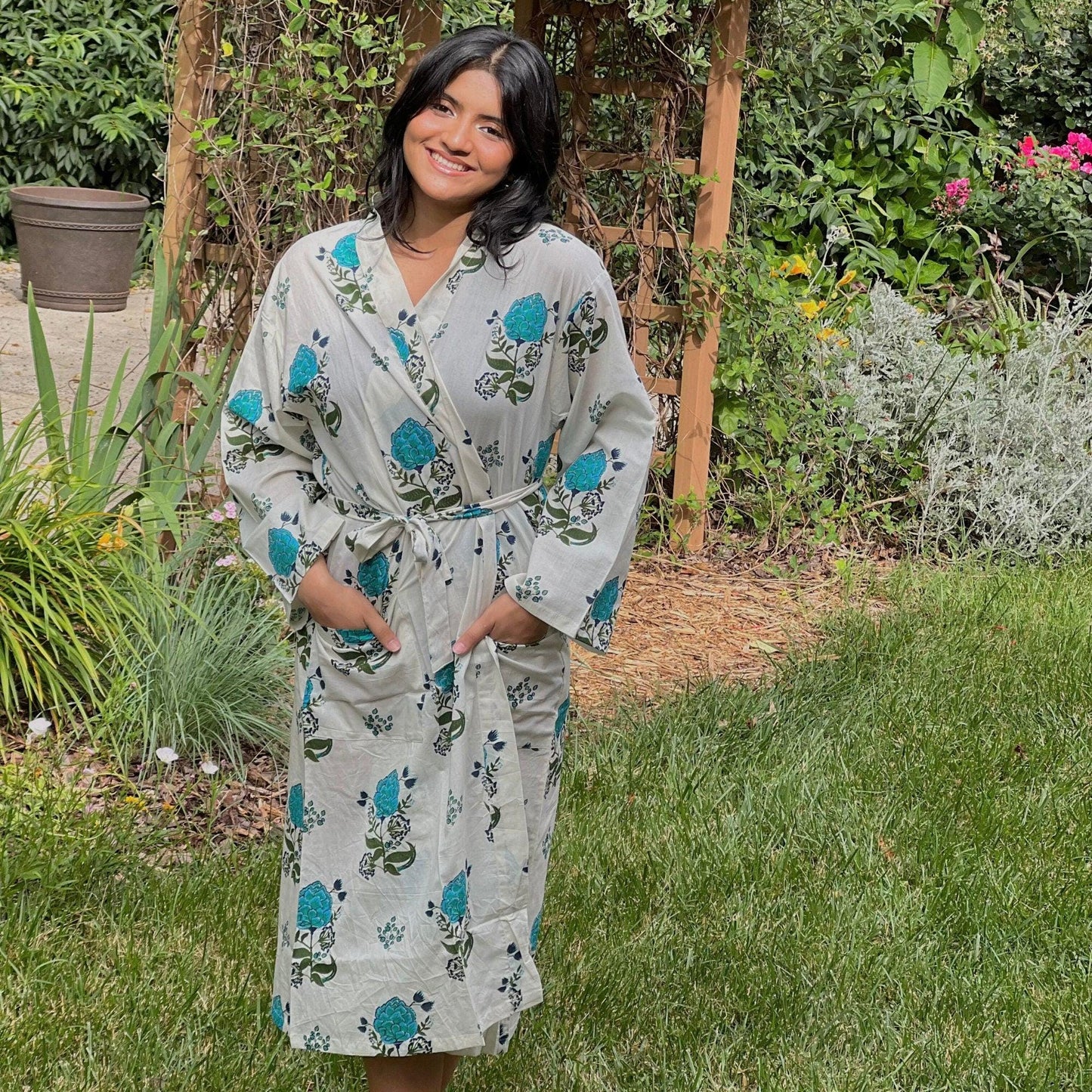 Cotton Kimono Robe: Floral Block Print Beach Cover-Up