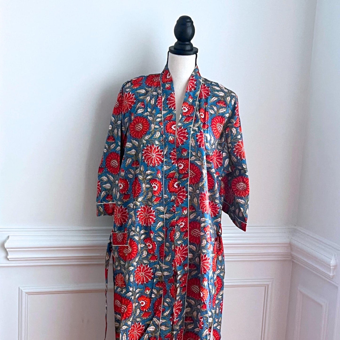 Cotton Kimono Robe, Block Print Floral Dressing Gown, Boho Lightweight Robe