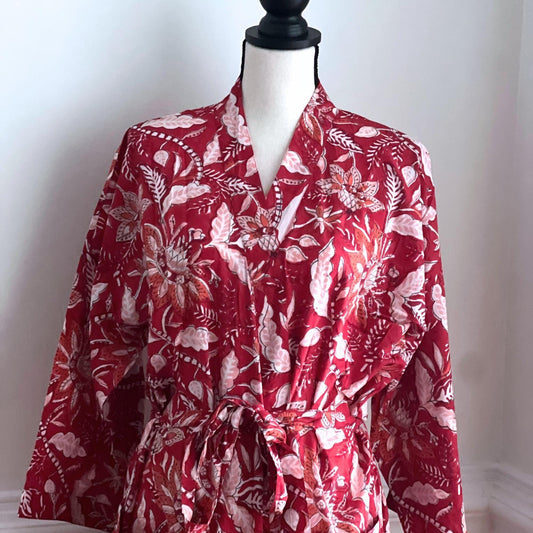 Cotton Kimono Robe, Block Print Floral Dressing Gown, Boho Lightweight Robe