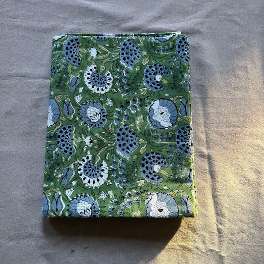 Sage Green Floral Tablecloth: Hand Block Printed Cotton, 60x90