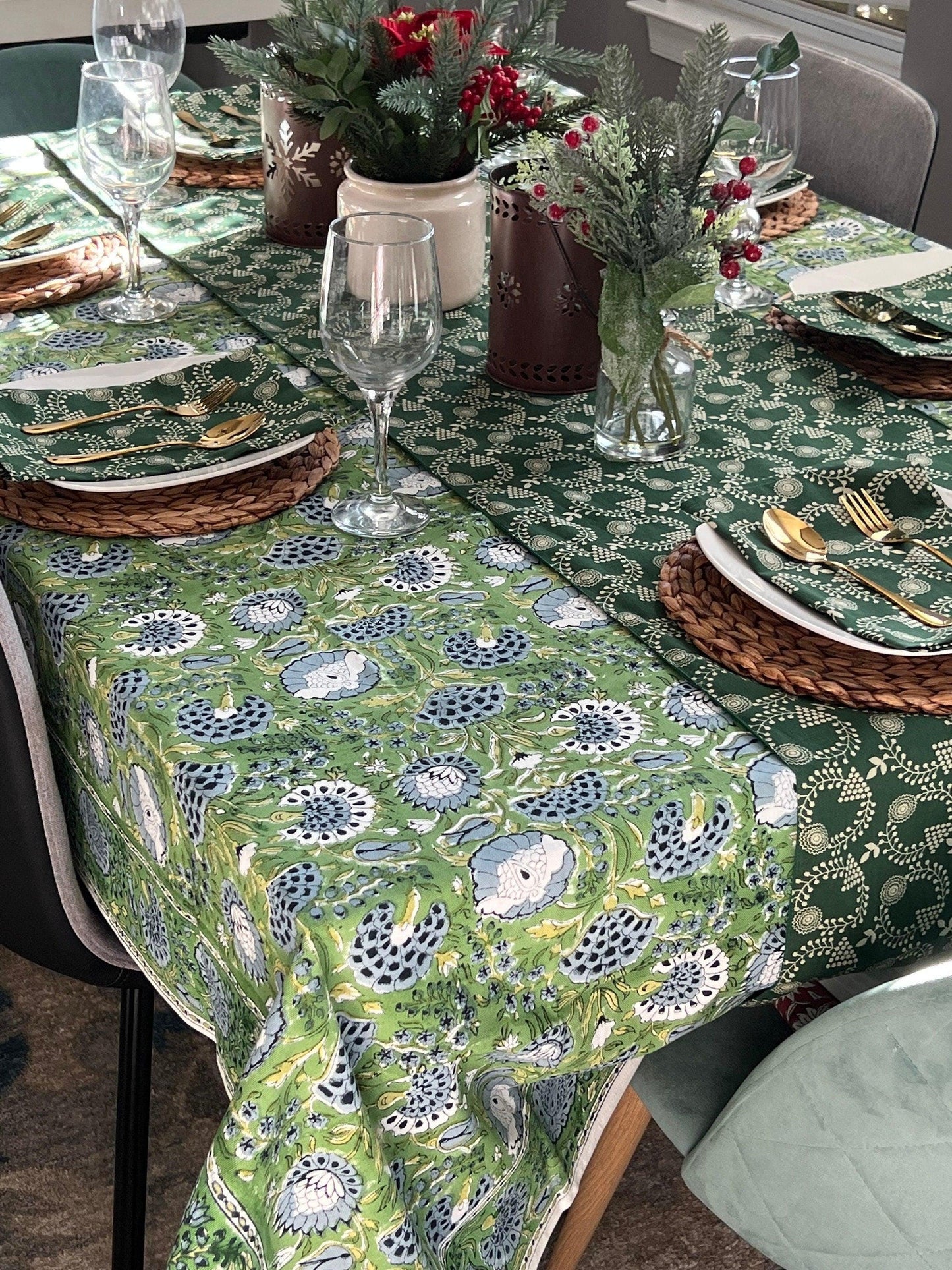 Sage Green Floral Tablecloth: Hand Block Printed Cotton, 60x90