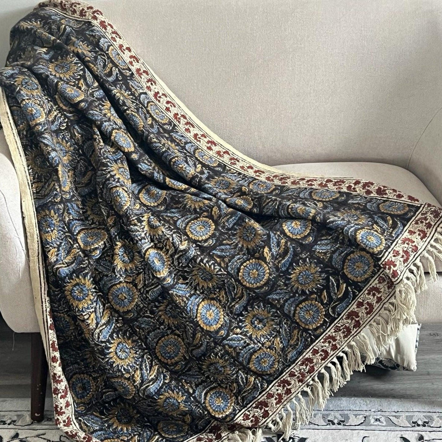Floral Cotton Throw Blanket: Handmade Block Print, Boho Decor (72" x 52")