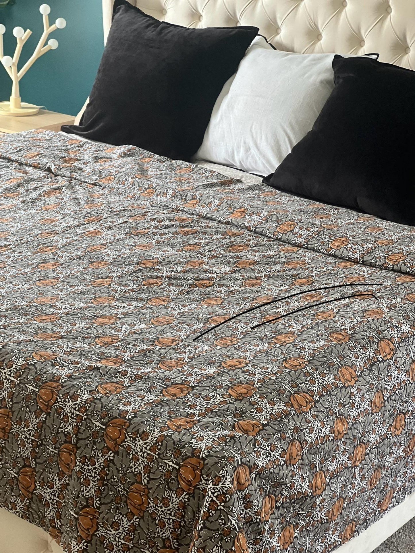 Handmade Brown Floral Kantha Quilt: Queen/King Size Cotton Throw