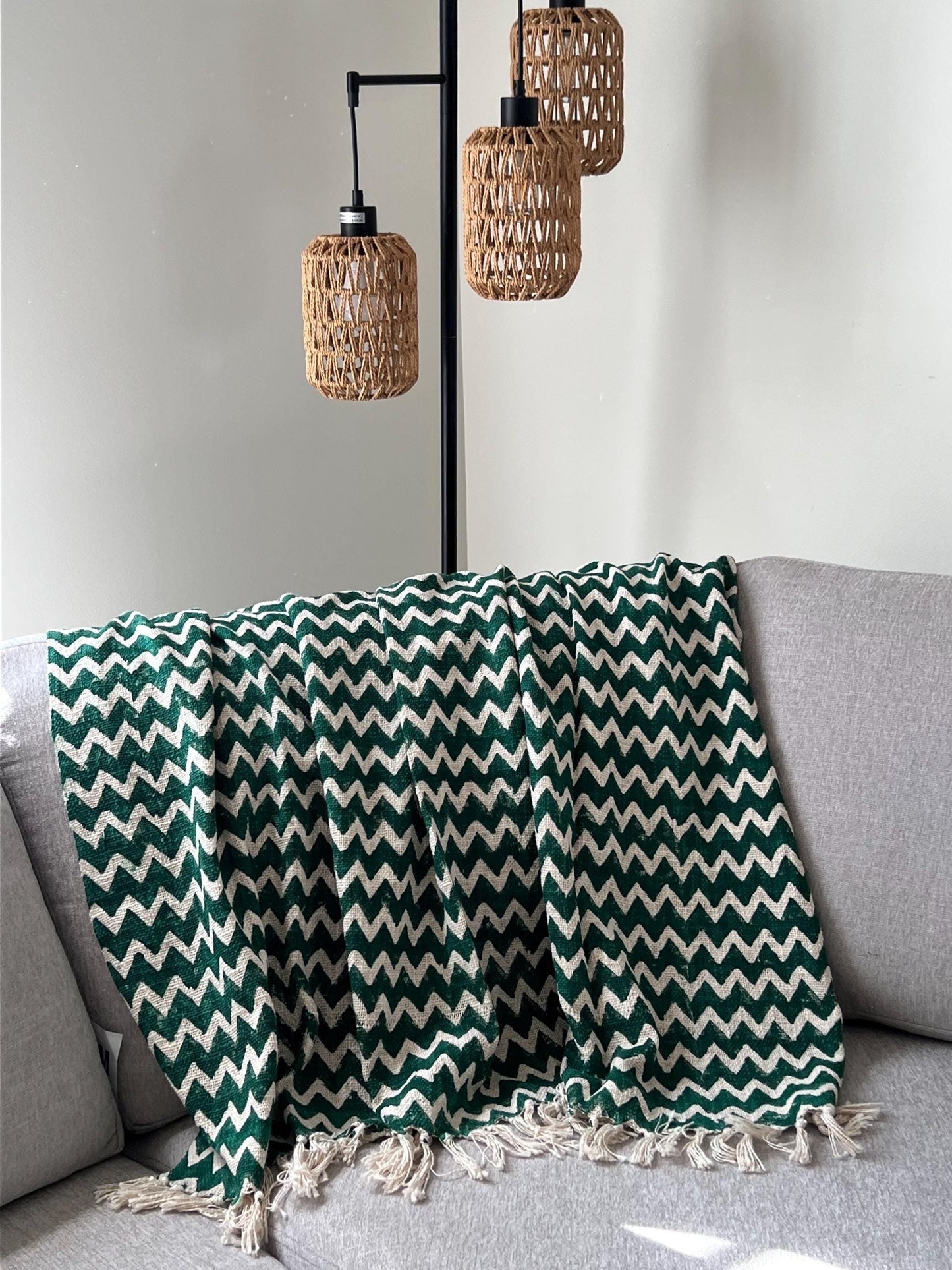 Green Floral Throw Blanket, Indian Cotton Tassel Blanket – Christmas Gift, Home Decor