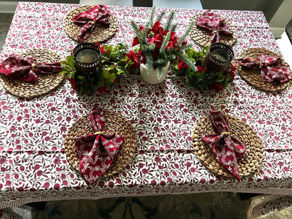 Red Floral Block Print Tablecloth: Cotton Dining Table Decor (60x108 inches)