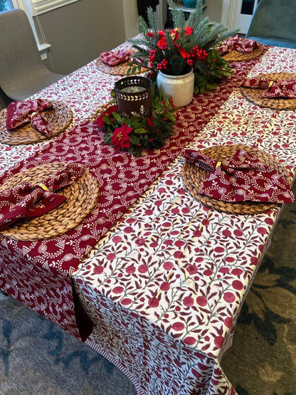 Red Floral Block Print Tablecloth: Cotton Dining Table Decor (60x108 inches)