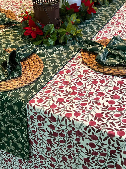 Red Floral Block Print Tablecloth: Cotton Dining Table Decor (60x108 inches)