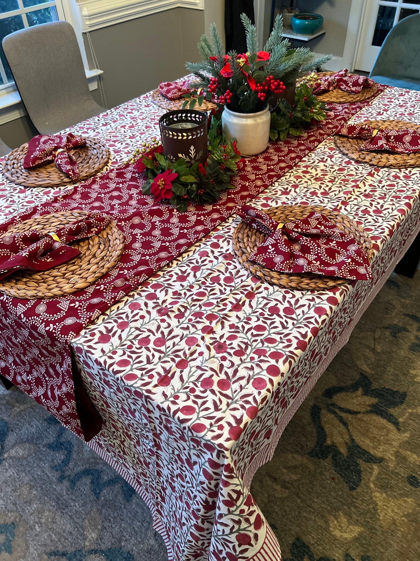 Red Floral Block Print Tablecloth: Cotton Dining Table Decor (60x108 inches)