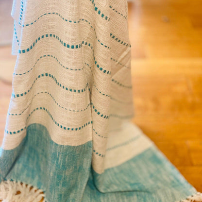Handmade Cotton Throw Blanket, Teal Blue Striped Woven Blanket, Boho Home Decor