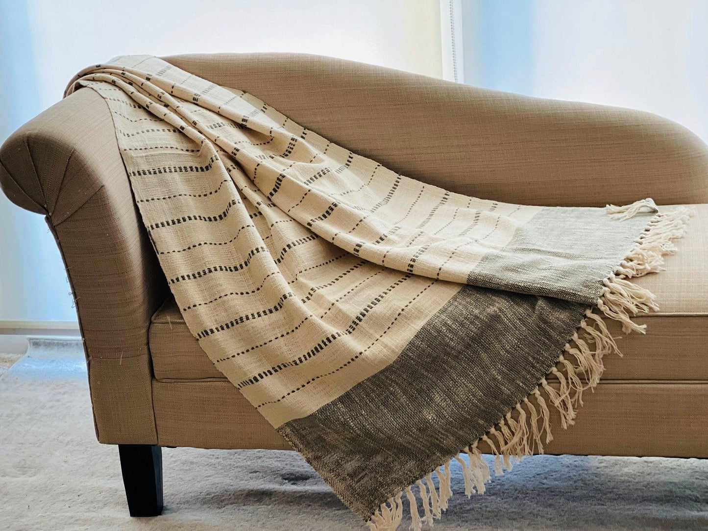 Handmade Cotton Throw Blanket, Teal Blue Striped Woven Blanket, Boho Home Decor