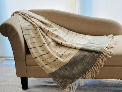 Handmade Cotton Throw Blanket, Teal Blue Striped Woven Blanket, Boho Home Decor