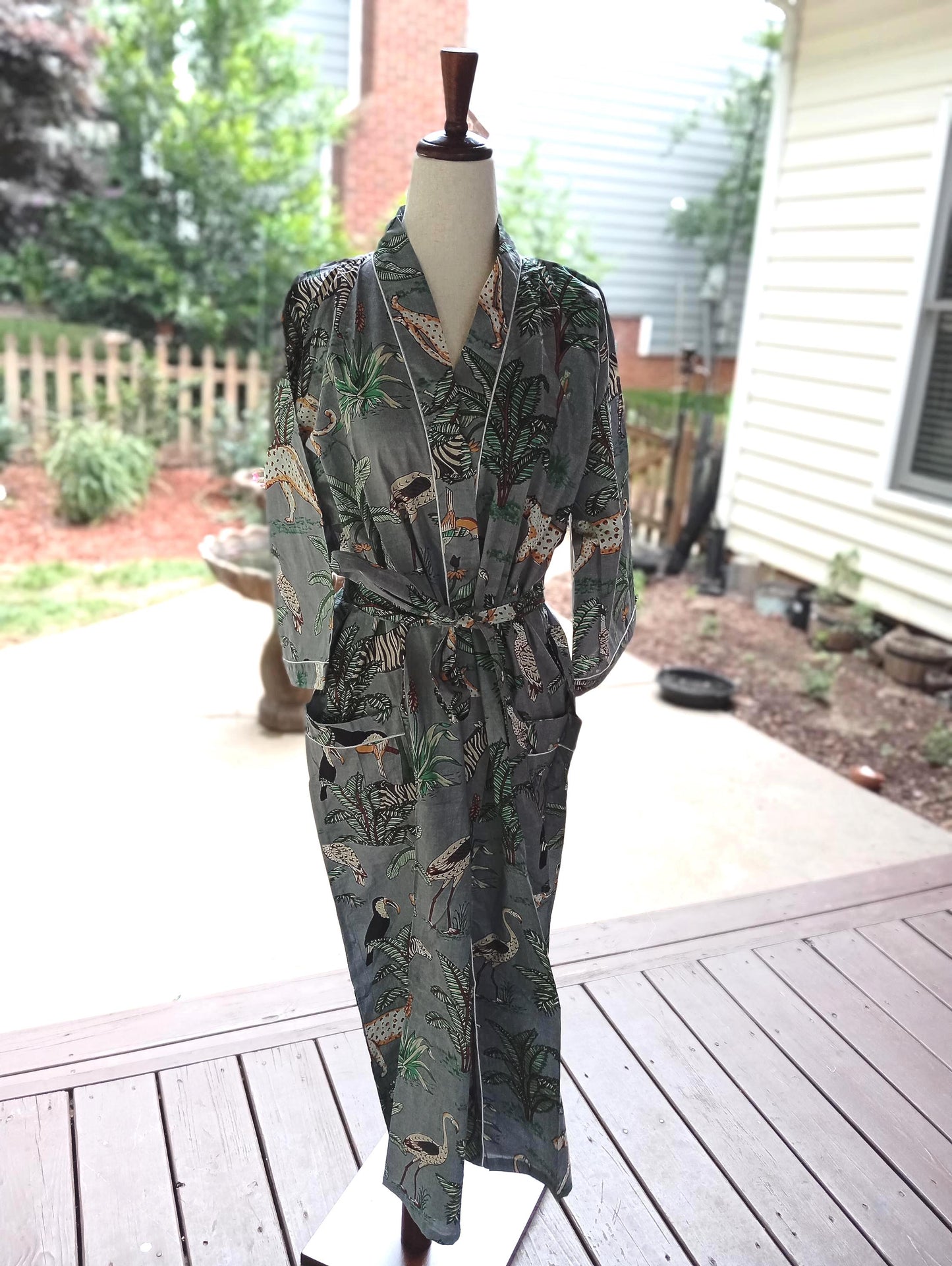 Gray Tiger Print Kimono Robe: Boho Cotton Beach Cover-Up