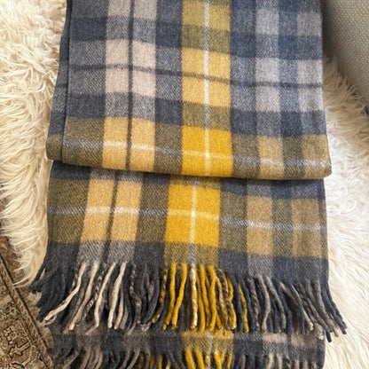 Tartan Plaid Recycled Wool Blanket with Fringe, Cozy Throw