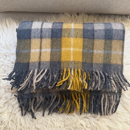 Tartan Plaid Recycled Wool Blanket with Fringe, Cozy Throw