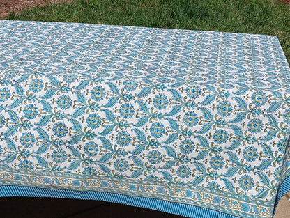 Blue Floral Hand Block Printed Cotton Tablecloth: Indian Decor