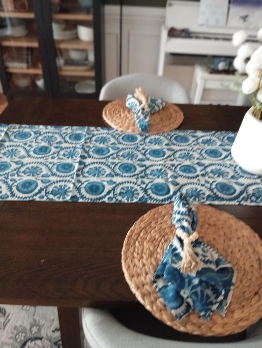 Indigo Floral Hand Block Print Table Runner Set: Farmhouse Decor