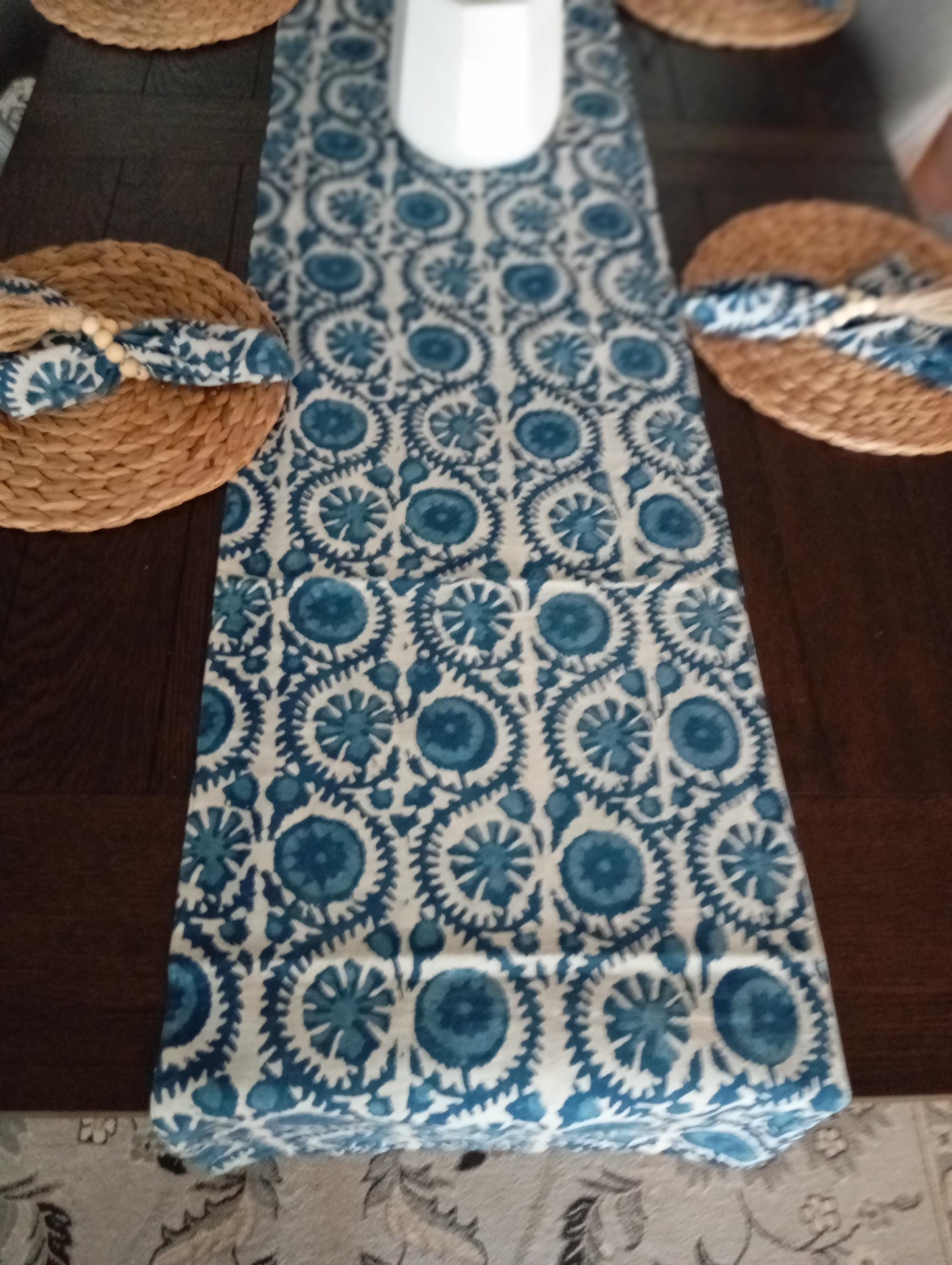 Indigo Floral Hand Block Print Table Runner Set: Farmhouse Decor