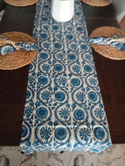 Indigo Floral Hand Block Print Table Runner Set: Farmhouse Decor