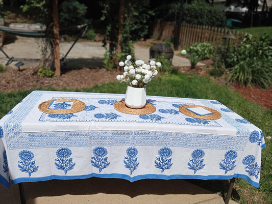 Blue Floral Indian Block Print Tablecloth: Cotton Rectangle Table Cover