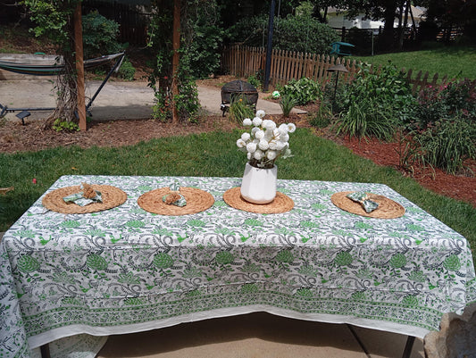 Sage Green Floral Tablecloth, Cotton Block Print, Easter Table Decor (60x120")