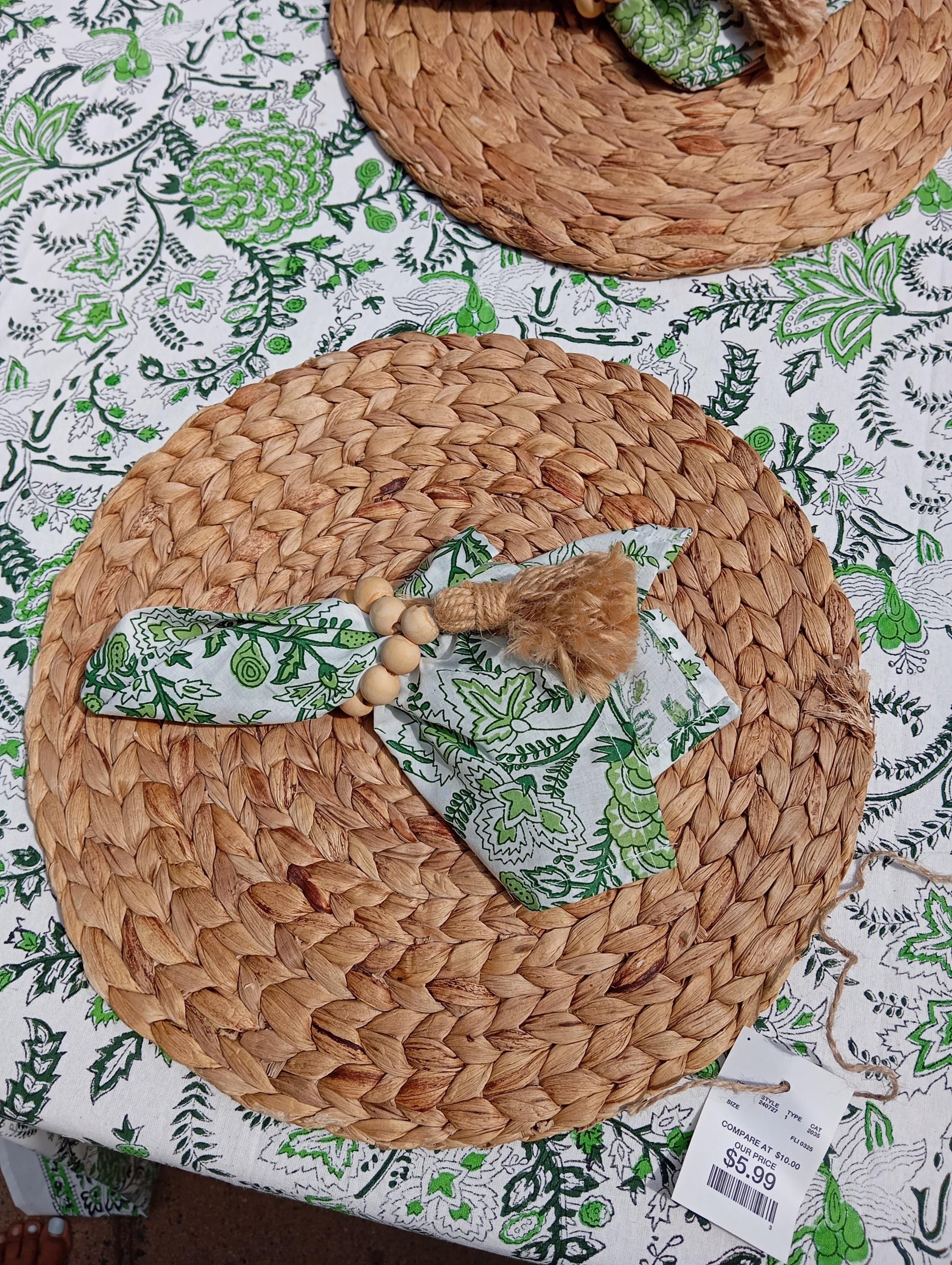 Sage Green Floral Tablecloth, Cotton Block Print, Easter Table Decor (60x120")