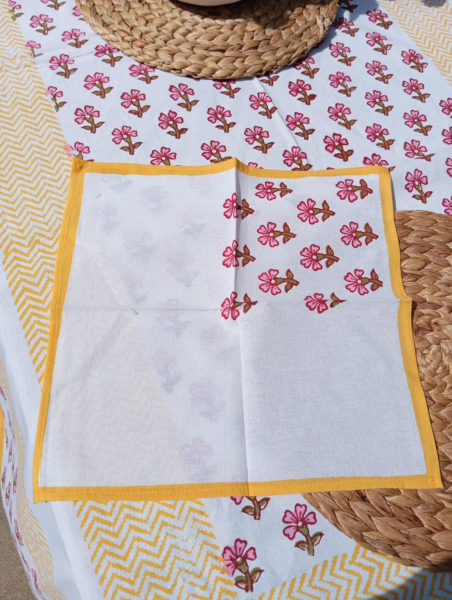 Yellow Floral Block Print Cotton Tablecloth - 60x90 Inches