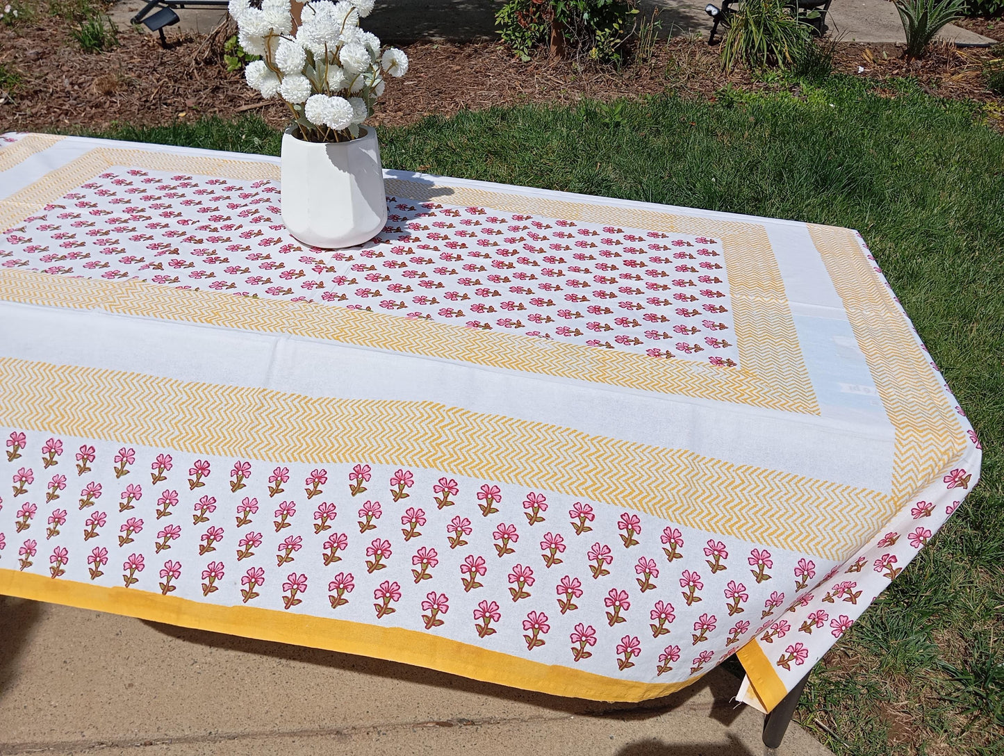 Yellow Floral Block Print Cotton Tablecloth - 60x90 Inches