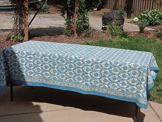 Blue Floral Hand Block Printed Cotton Tablecloth: Indian Decor