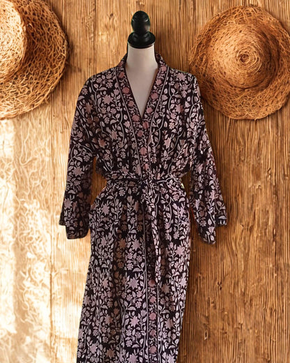 Black Cotton Block Print Kimono Robe, Floral Ankle Length Dressing Gown