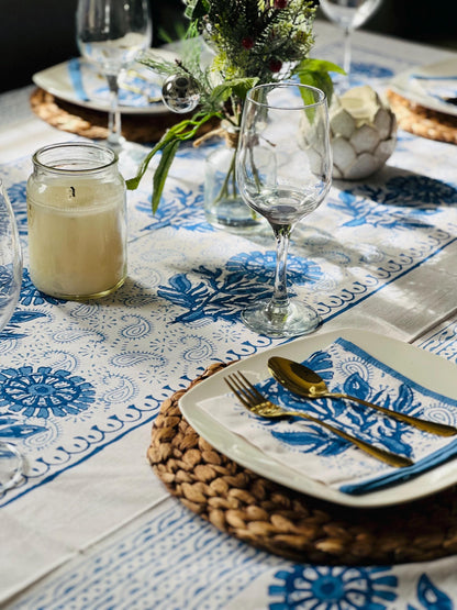 Blue Floral Indian Block Print Tablecloth: Cotton Rectangle Table Cover