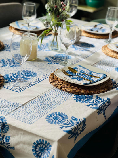 Blue Floral Indian Block Print Tablecloth: Cotton Rectangle Table Cover