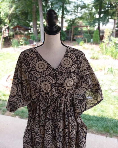 Black Print Cotton Kaftan, Floral Boho Loungewear