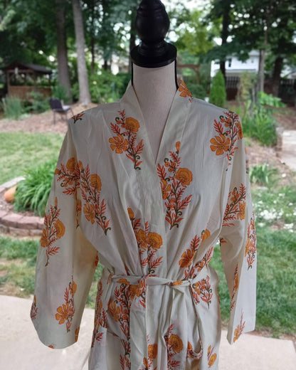 Yellow Floral Hand Block Print Cotton Kimono Robe, Lightweight Beach Cover-Up