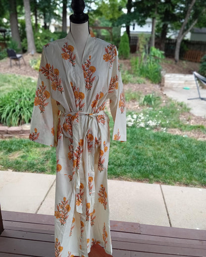 Yellow Floral Hand Block Print Cotton Kimono Robe, Lightweight Beach Cover-Up