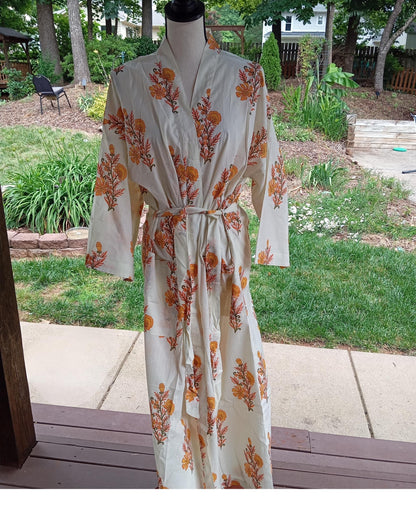 Yellow Floral Hand Block Print Cotton Kimono Robe, Lightweight Beach Cover-Up