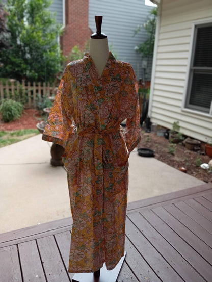 Yellow Floral Hand Block Print Cotton Kimono Robe, Lightweight Beach Cover-Up