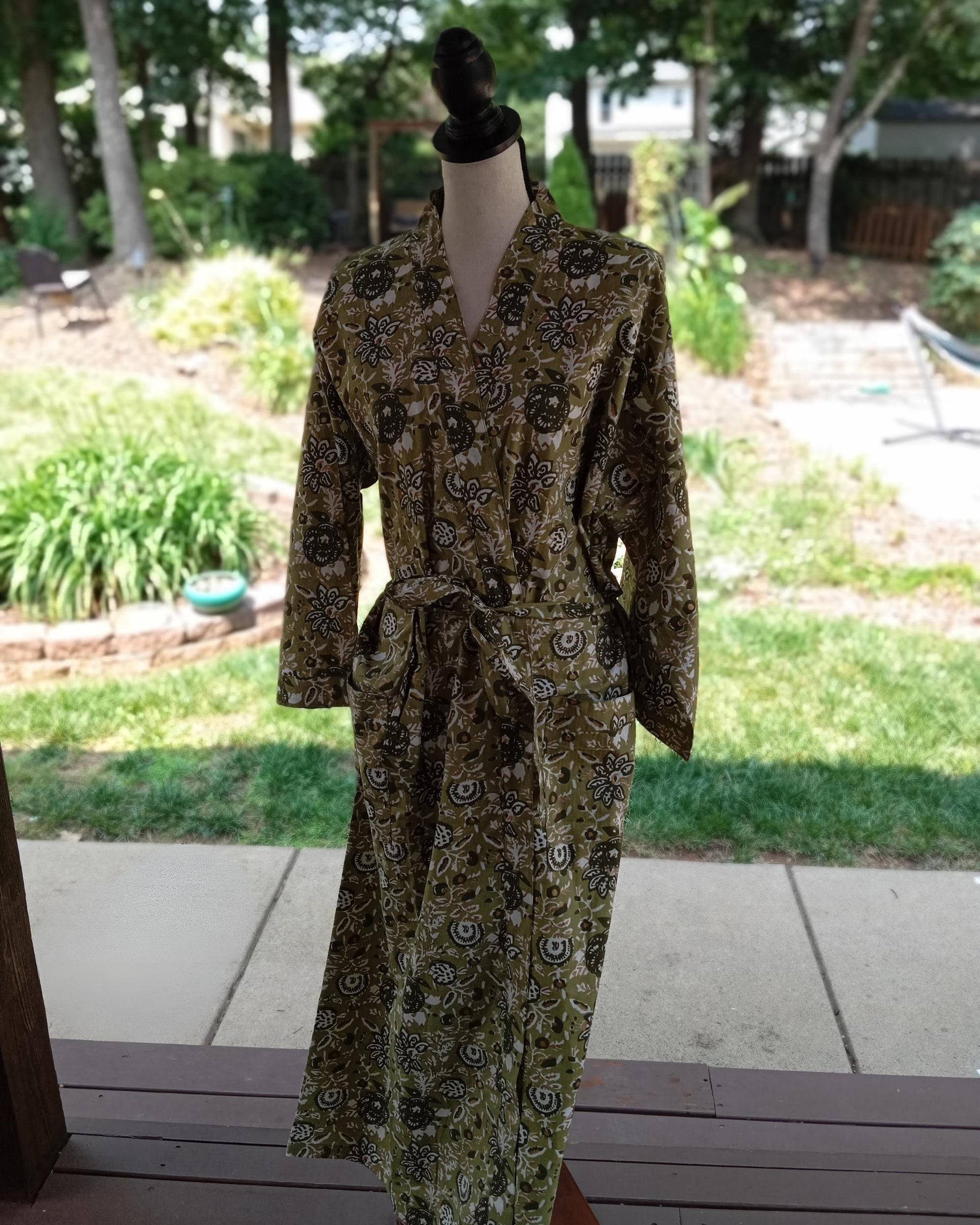 Green Kantha Hand-Block Printed Cotton Kimono Robe, Indian Floral Print