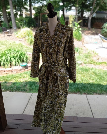 Green Kantha Hand-Block Printed Cotton Kimono Robe, Indian Floral Print