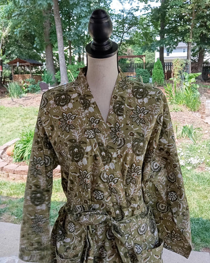 Green Kantha Hand-Block Printed Cotton Kimono Robe, Indian Floral Print