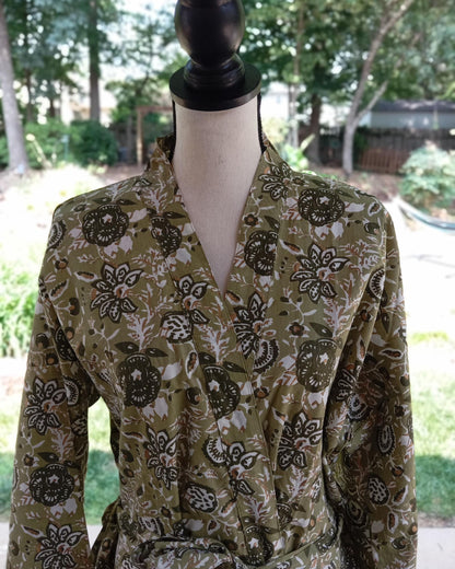 Green Kantha Hand-Block Printed Cotton Kimono Robe, Indian Floral Print
