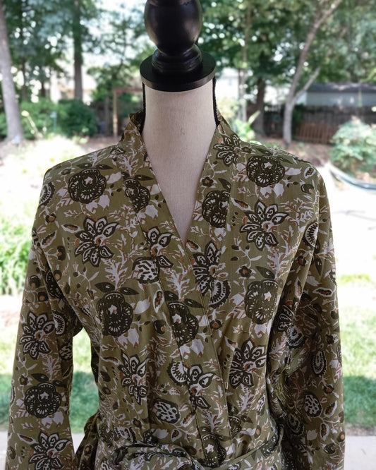 Green Kantha Hand-Block Printed Cotton Kimono Robe, Indian Floral Print