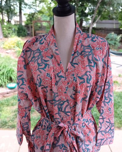 Pink Floral Cotton Kimono Robe: Lightweight Beach Cover-Up