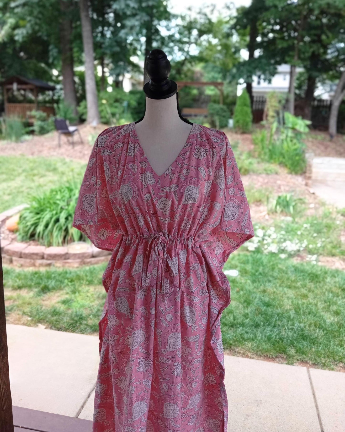 Pink Floral Print Cotton Kaftan: Handmade Summer Cover-Up