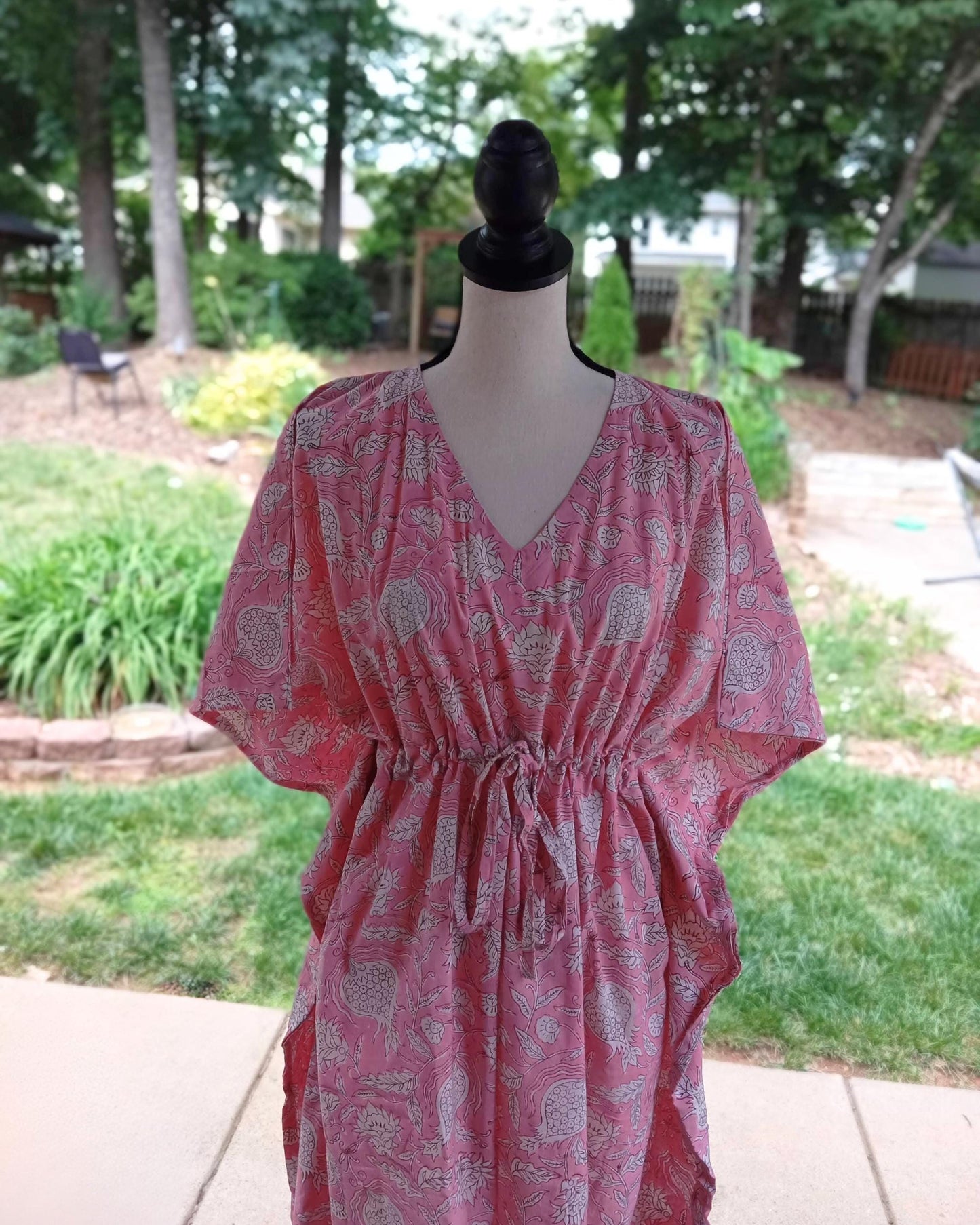 Pink Floral Print Cotton Kaftan: Handmade Summer Cover-Up