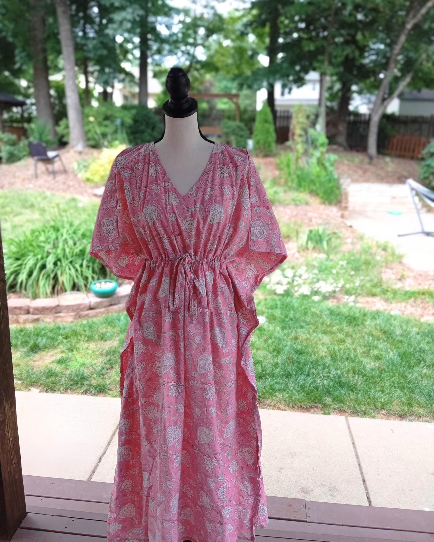 Pink Floral Print Cotton Kaftan: Handmade Summer Cover-Up