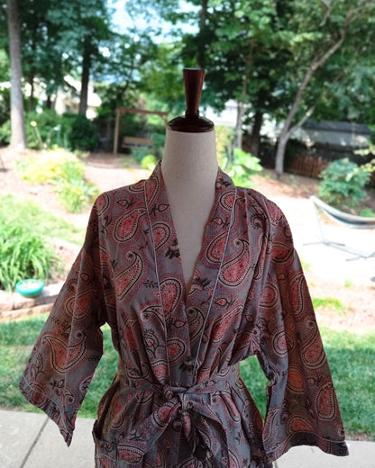 Floral Cotton Robe: Lightweight Block Print Kimono Dressing Gown