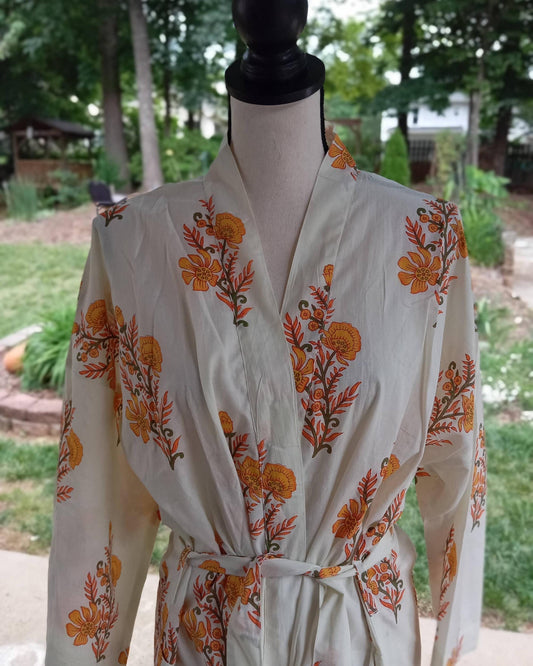 Yellow Cotton Floral Robe, Hand Block Floral Cotton Kimono Robe: Lightweight Block Print Dressing Gown